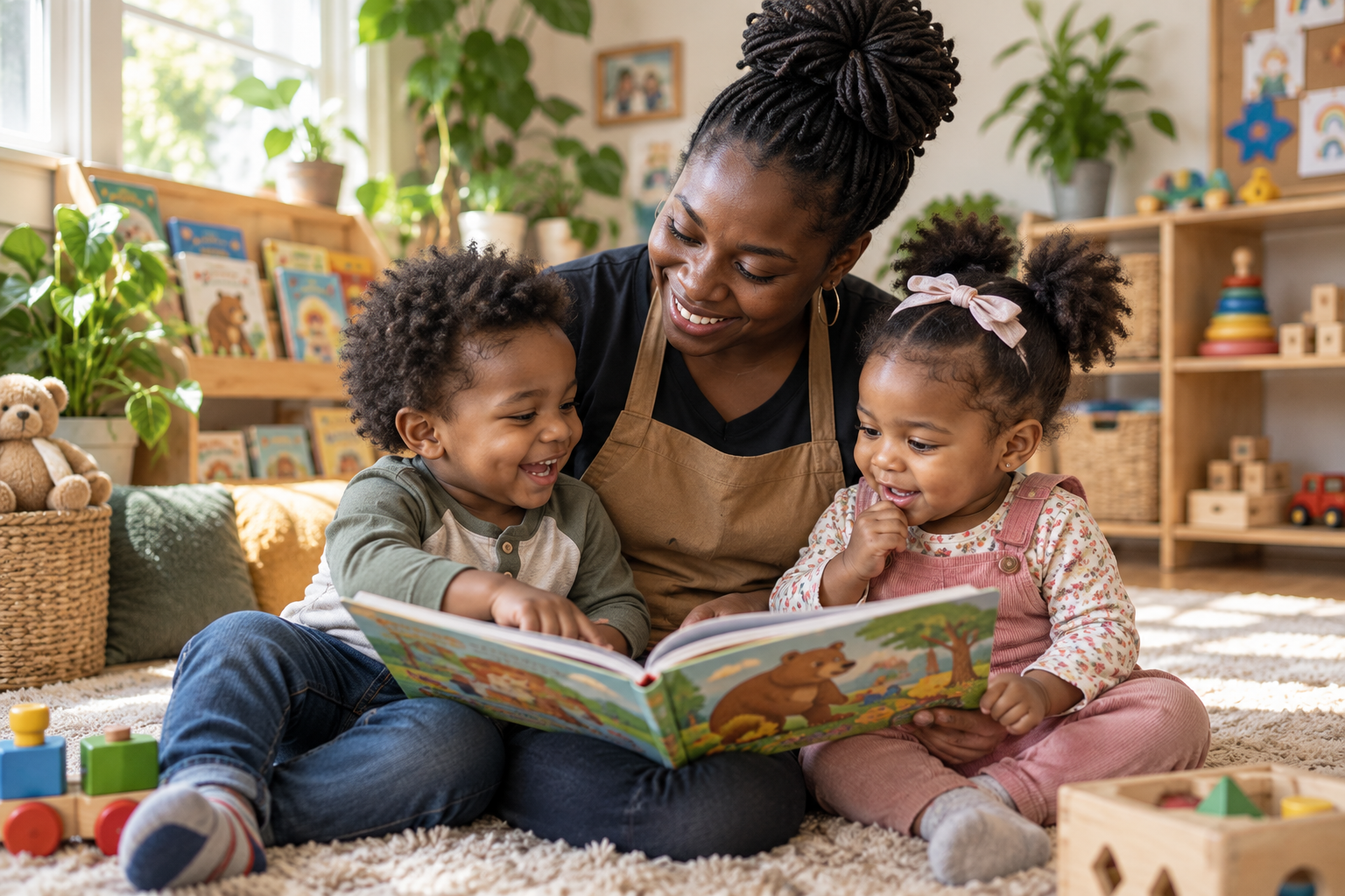 Family child care educator reading with young children
